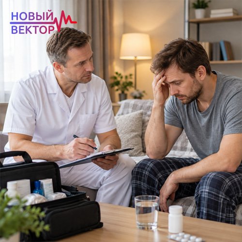 Нарколог на дом приехал к пациенту и проводит консультацию при недомогании